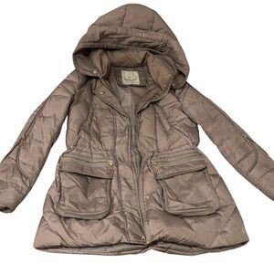 Moncler Taupe / Bison Gray Hooded Midi Puffer Jacket